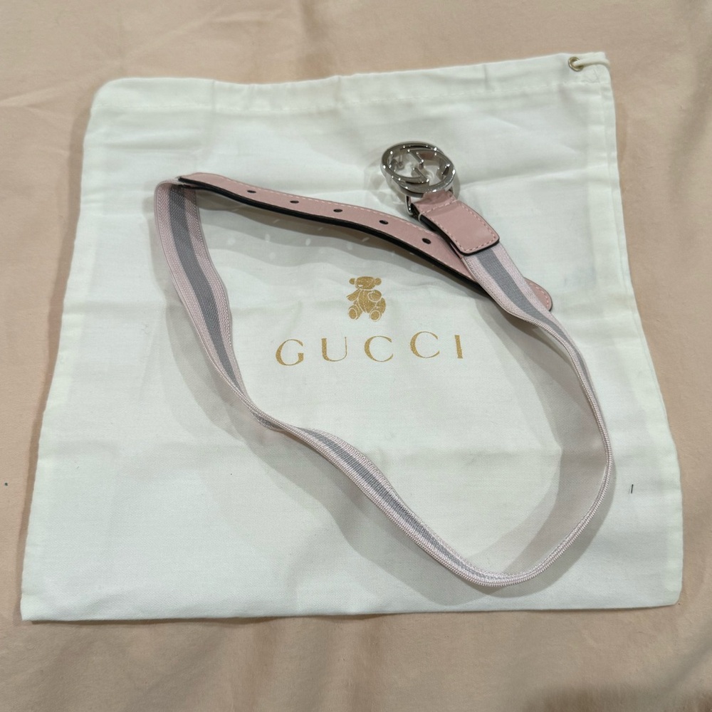 Kids Gucci elastic belt - pink and grey stripes with silver GG buckle, S